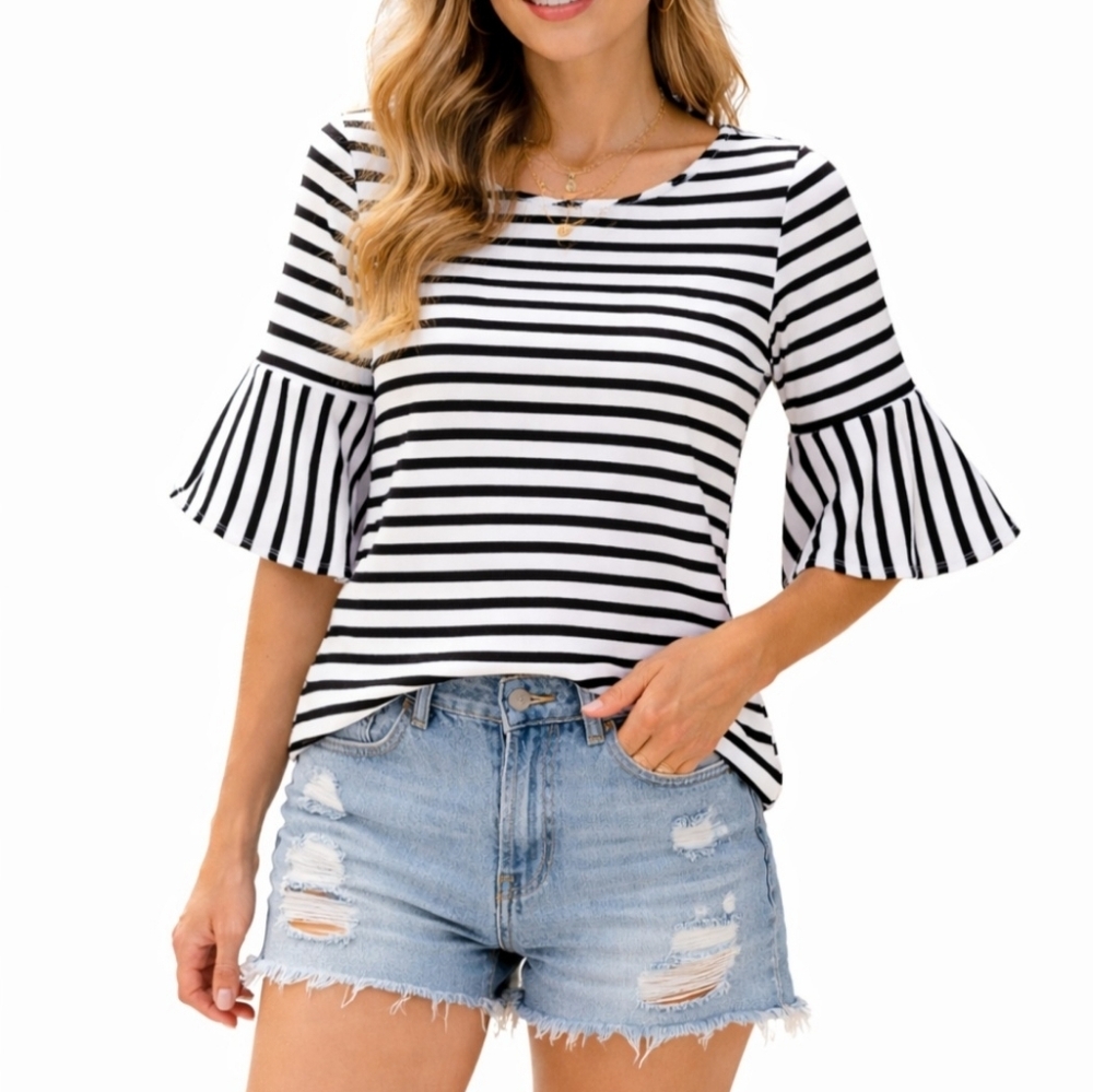 Green Envelope Black White Stripe Bell Sleeve Top Woman's Size Medium Made InUSA